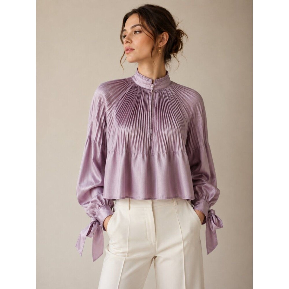 Tibi Pleated Blouse Top Lavender Purple Edwardian Tie Cuff Cropped Size 6